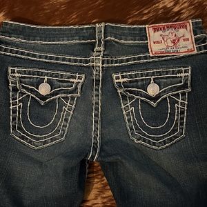 True Religion, 31, low rise, over the knee, denim shorts